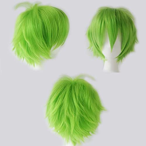 Anime Perücke Grün Kurze Cosplay Perücken Grün Damen Herren Synthetische Gerade Fancy Dress Perücke Gewellt Glatt Perücken Halloween Karneval Kostüm Party Perücke mit Gratis Mütze für Frauen Männer von Cybelleza
