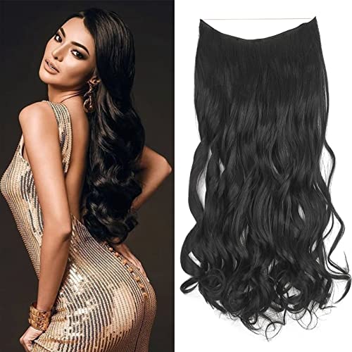 Cybelleza 45cm Haarextension Gummiband Lang Gewellt 1 Tresse Haarverlängerungen Haarteile Secrets Wire Hair Extensions mit Unsichtbarem Draht Synthetisches Haar für Frauen (Schwarz) von Cybelleza