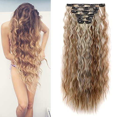 Cybelleza 50cm Clip in Extensions Haarverlängerung Haarteil wie Echthaar 6 Tressen Gewellt Günstig Haarverdichtung Lockig Wavy Curly Haarextension Synthetische Haare für Frauen, Hellbraun & Blond von Cybelleza