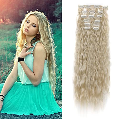 Cybelleza 50cm Clip in Extensions Haarverlängerung Haarteil wie Echthaar 6 Tressen Gewellt Günstig Haarverdichtung Lockig Wavy Curly Haarextension Synthetische Haare für Frauen, Platinblond von Cybelleza