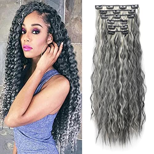 Cybelleza 50cm Clip in Extensions Haarverlängerung Haarteil wie Echthaar 6 Tressen Gewellt Günstig Haarverdichtung Lockig Wavy Curly Haarextension Synthetische Haare für Frauen, Schwarz & Bleichblond von Cybelleza