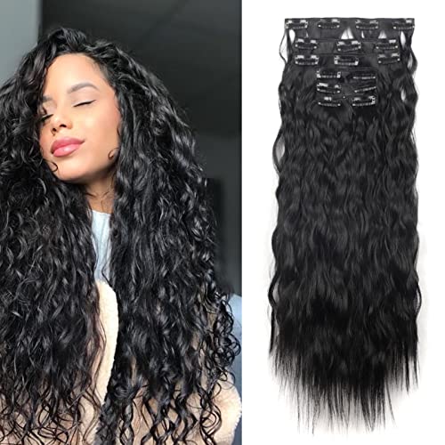 Cybelleza 50cm Clip in Extensions Haarverlängerung Haarteil wie Echthaar 6 Tressen Gewellt Günstig Haarverdichtung Lockig Wavy Curly Haarextension Synthetische Haare für Frauen, Schwarz von Cybelleza