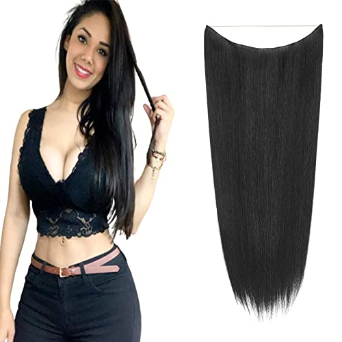 Cybelleza 50cm Haarextension Gummiband Lang Glatt 1 Tresse Haarverlängerungen Haarteile Gerade Secrets Wire Hair Extensions mit Unsichtbarem Draht Synthetisches Haar für Frauen (Schwarz) von Cybelleza