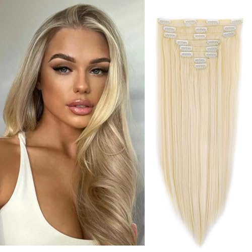 Cybelleza Clip in Extensions Haarverlängerung Haarteil Glatt 60cm 8 Teile Clip in Haarverlängerung Haarteil Synthetische Haare Voluminös Natürlich Lang Für Frauen, Dunkelbraun & Kastanienbraun von Cybelleza