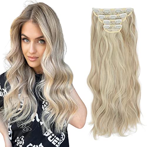 Cybelleza Clip in Extensions Kunsthaar Gewellt 4PCS 55cm 180g Haarverlängerung Clips Haarverdichtung Synthetik Dicke Haarextension Wellig Lang Clip in Haarteil für Frauen, Aschbraun & Bleichblond von Cybelleza