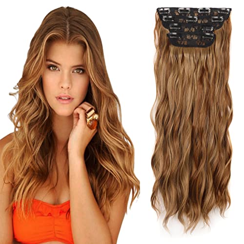 Cybelleza Clip in Extensions Kunsthaar Gewellt 4PCS 55cm 180g Haarverlängerung Clips Haarverdichtung Synthetik Dicke Haarextension Wellig Lang Clip in Haarteil für Frauen, Hellbraun & Naturblondine von Cybelleza
