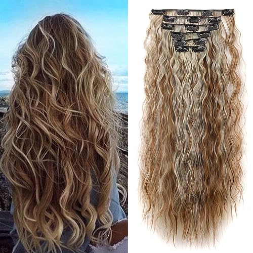 Cybelleza Clip in Extensions Kunsthaar Gewellt 6PCS 50cm Haarverlängerung Haarteil Clips Haarverdichtung Synthetik Dicke Haarextension Wellig Lang Clip in Haarteil für Frauen, Braun & Blond von Cybelleza