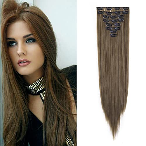Cybelleza Clip in Extensions wie Echthaar Haarverlängerung Haarteil 8 Teile Set Glatt Lang Günstig Haarverdichtung Synthetische Haare für Frauen 60cm (Goldbraun) von Cybelleza