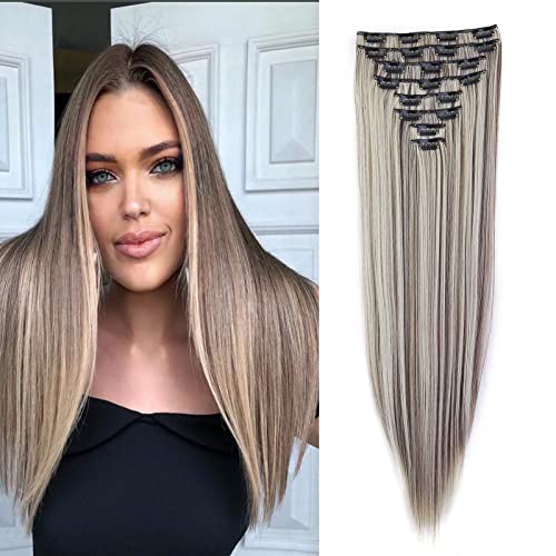 Cybelleza Clip in Extensions wie Echthaar Haarverlängerung Haarteil 8 Teile Set Glatt Lang Günstig Haarverdichtung Synthetische Haare für Frauen 60cm (Hellbraun&Bleichblond) von Cybelleza
