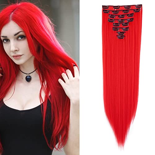 Cybelleza Clip in Extensions wie Echthaar Haarverlängerung Haarteil 8 Teile Set Glatt Lang Günstig Haarverdichtung Synthetische Haare für Frauen 60cm (Rot) von Cybelleza