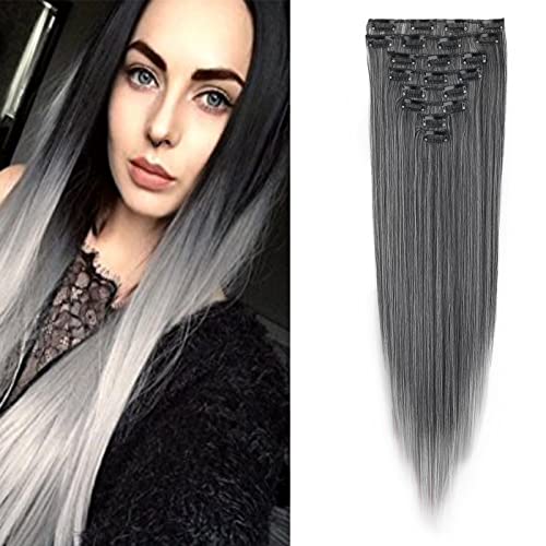 Cybelleza Clip in Extensions wie Echthaar Haarverlängerung Haarteil 8 Teile Set Glatt Lang Günstig Haarverdichtung Synthetische Haare für Frauen 60cm (Schwarz T Grau) von Cybelleza