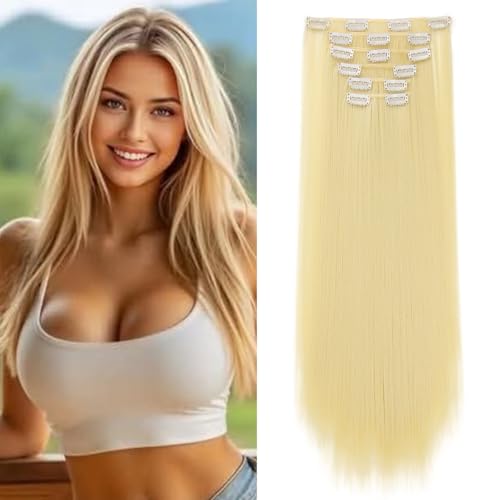 Cybelleza Clip in Extensions wie Echthaar Haarverlängerung Haarteil Glatt 6 Teile 65cm Hair Extensions Clip in Haarteil Lang Gerade Günstig Haarverdichtung Synthetische für Frauen, Bleichblond von Cybelleza