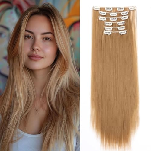 Cybelleza Clip in Extensions wie Echthaar Haarverlängerung Haarteil Glatt 6 Teile 65cm Hair Extensions Clip in Haarteil Lang Gerade Günstig Haarverdichtung Synthetische für Frauen, Dunkelblond von Cybelleza