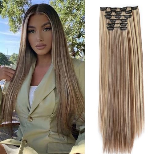 Cybelleza Clip in Extensions wie Echthaar Haarverlängerung Haarteil Glatt 6 Teile 65cm Hair Extensions Clip in Haarteil Lang Gerade Günstig Haarverdichtung Synthetische für Frauen, Hellbraun & Blond von Cybelleza
