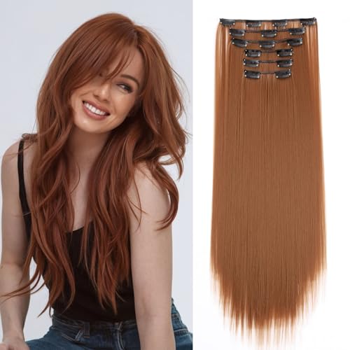 Cybelleza Clip in Extensions wie Echthaar Haarverlängerung Haarteil Glatt 6 Teile 65cm Hair Extensions Clip in Haarteil Lang Gerade Günstig Haarverdichtung Synthetische für Frauen, Leichtes Auburn von Cybelleza