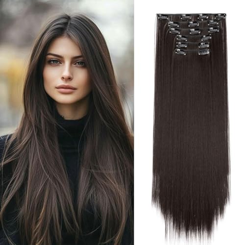 Cybelleza Clip in Extensions wie Echthaar Haarverlängerung Haarteil Glatt 6 Teile 65cm Hair Extensions Clip in Haarteil Lang Gerade Günstig Haarverdichtung Synthetische für Frauen, Maronenbraun von Cybelleza
