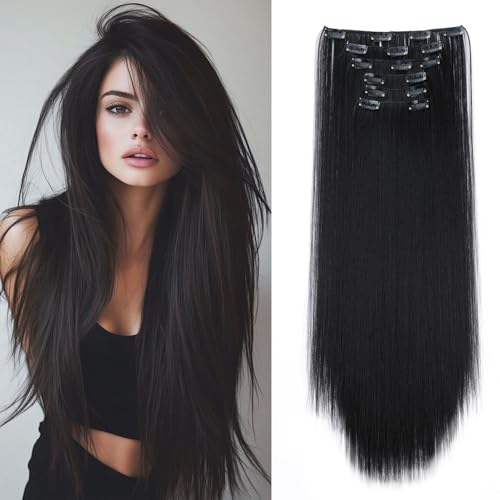 Cybelleza Clip in Extensions wie Echthaar Haarverlängerung Haarteil Glatt 6 Teile 65cm Hair Extensions Clip in Haarteil Lang Gerade Günstig Haarverdichtung Synthetische für Frauen, Naturschwarz von Cybelleza