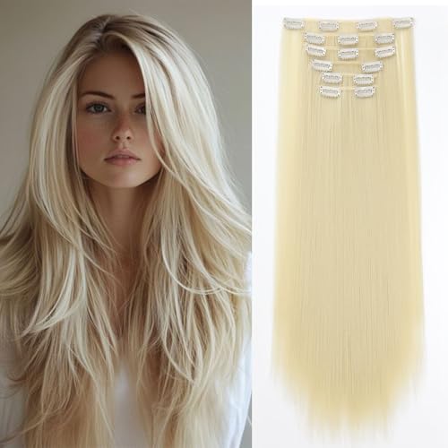 Cybelleza Clip in Extensions wie Echthaar Haarverlängerung Haarteil Glatt 6 Teile 65cm Hair Extensions Clip in Haarteil Lang Gerade Günstig Haarverdichtung Synthetische für Frauen, Platinblond von Cybelleza