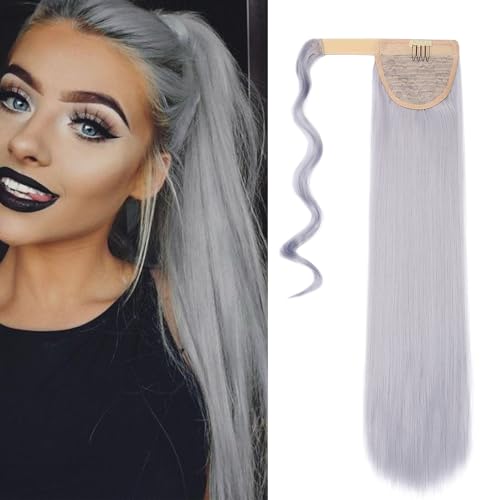 Cybelleza Clip in Ponytail Extensions Pferdeschwanz Glatt Lang Haarverlängerung Kunsthaare 55cm Haarteil Zopf günstig Synthetik Haar Gewickelt Haarverdichtung für Frauen, Grau von Cybelleza