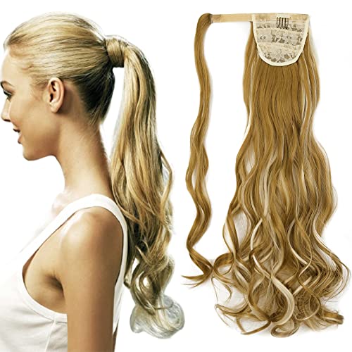 Cybelleza Clip in Ponytail Extensions Pferdeschwanz Haarteil Haarverlängerung wie Echthaar Zopf Extension günstig 60cm 130g Gewellt Lockig Glatt Haarverdichtung für Frauen (Dunkelblond & Bleichblond) von Cybelleza