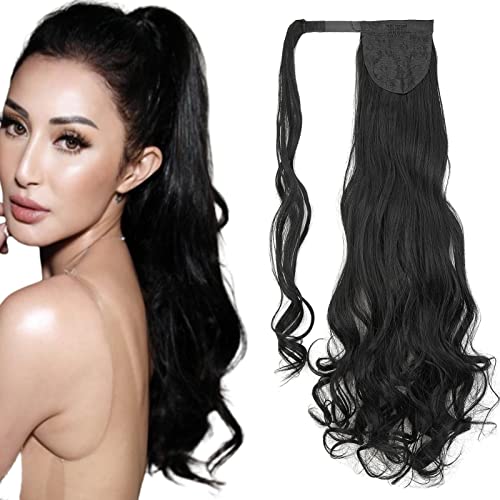 Cybelleza Clip in Ponytail Extensions Pferdeschwanz Haarteil Haarverlängerung wie Echthaar Zopf Extension günstig 60cm 130g Gewellt Lockig Glatt Haarverdichtung für Frauen (Schwarz) von Cybelleza