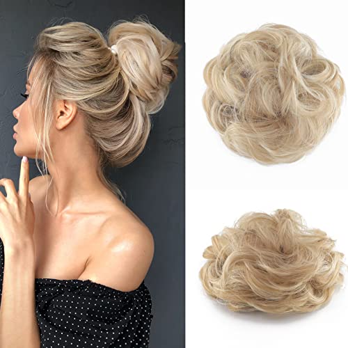 Cybelleza Haarteil Haargummi Haarverlängerung Pferdeschwanz 35g Haarteil Mit Gummiband Dutt Updo Hochsteckfrisuren Gelockt Haarband Gewellt Lockiges Messy Bun für Damen (Aschbraun & Blond) von Cybelleza