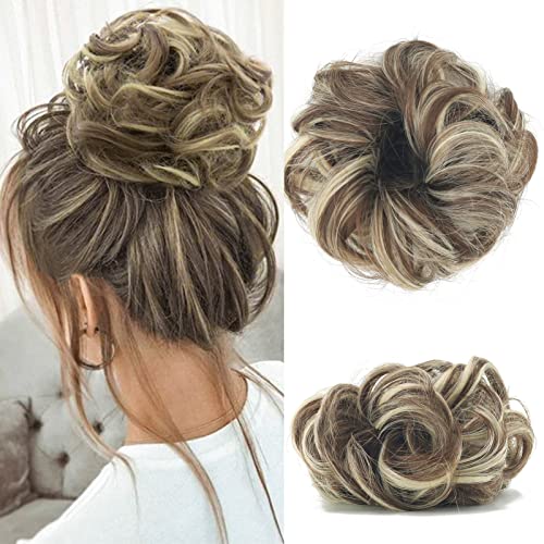 Cybelleza Haarteil Haargummi Haarverlängerung Pferdeschwanz 35g Haarteil Mit Gummiband Dutt Updo Hochsteckfrisuren Gelockt Haarband Gewellt Lockiges Messy Bun für Damen (Brünett & Bleichblond) von Cybelleza