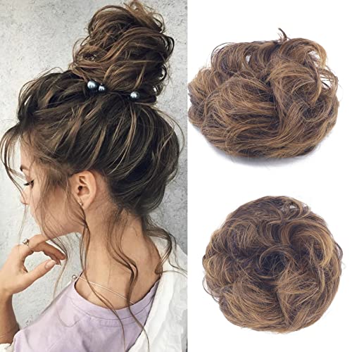 Cybelleza Haarteil Haargummi Haarverlängerung Pferdeschwanz 35g Haarteil Mit Gummiband Dutt Updo Hochsteckfrisuren Gelockt Haarband Gewellt Lockiges Messy Bun für Damen (Dunkelbraun & Dunkelblond) von Cybelleza