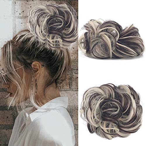 Cybelleza Haarteil Haargummi Haarverlängerung Pferdeschwanz 35g Haarteil Mit Gummiband Dutt Updo Hochsteckfrisuren Gelockt Haarband Gewellt Lockiges Messy Bun für Damen (Dunkelbraun & Bleichblond) von Cybelleza