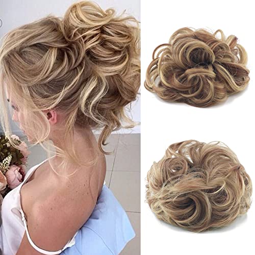 Cybelleza Haarteil Haargummi Haarverlängerung Pferdeschwanz 35g Haarteil Mit Gummiband Dutt Updo Hochsteckfrisuren Gelockt Haarband Gewellt Lockiges Messy Bun für Damen (Goldbraun & Blond) von Cybelleza