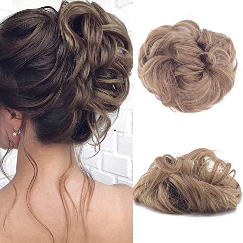 Cybelleza Haarteil Haargummi Haarverlängerung Pferdeschwanz 35g Haarteil Mit Gummiband Dutt Updo Hochsteckfrisuren Gelockt Haarband Gewellt Lockiges Messy Bun für Damen (Hellbraun Mix Blond) von Cybelleza