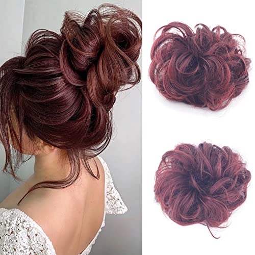 Cybelleza Haarteil Haargummi Haarverlängerung Pferdeschwanz 35g Haarteil Mit Gummiband Dutt Updo Hochsteckfrisuren Gelockt Haarband Gewellt Lockiges Messy Bun für Damen (Weinrot) von Cybelleza