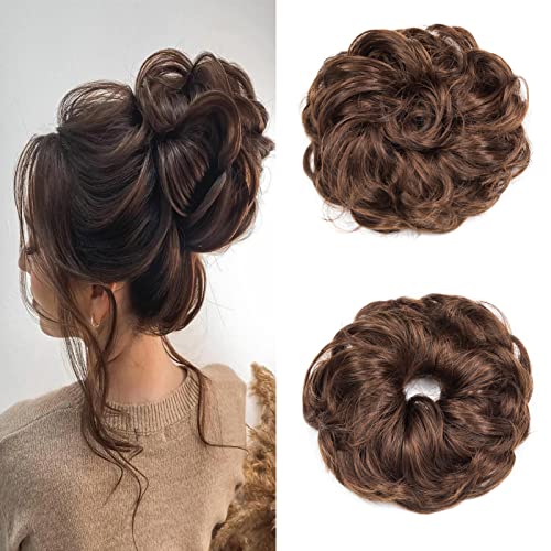 Cybelleza Haarteil Haargummi Haarverlängerung Pferdeschwanz 38g Haarteil Mit Gummiband Dutt Updo Hochsteckfrisuren Gelockt Haarband Gewellt Lockiges Messy Bun für Damen (Dunkelbraun&Leichtes Auburn) von Cybelleza