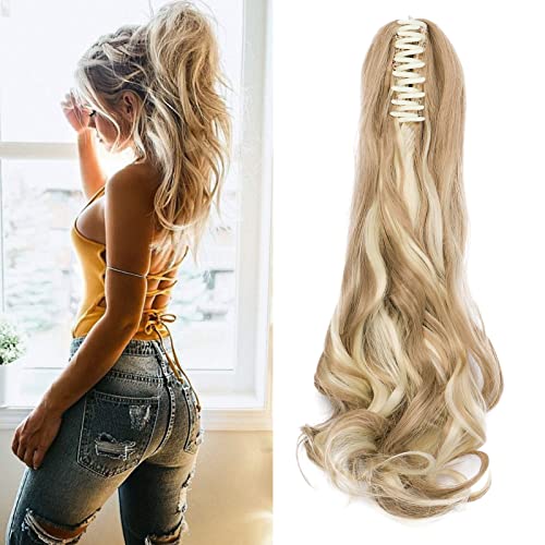 Cybelleza Ponytail Extensions Zopf Pferdeschwanz Haarteil Gewellt Lang 45cm Claw Clip in Haarverlängerung Kunsthaare Synthetik Haarverlängerung Zopf Extension für Frauen, Sandy Blonde & Blond von Cybelleza