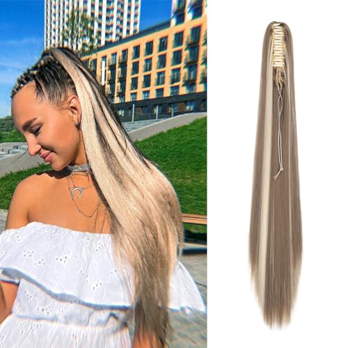 Cybelleza Ponytail Extensions Zopf Pferdeschwanz Haarteil Glatt Lang 55cm Claw Clip in Haarverlängerung Kunsthaare Synthetik Haarverlängerung Zopf Extension für Frauen, Aschblond & Gebleichtes Blond von Cybelleza