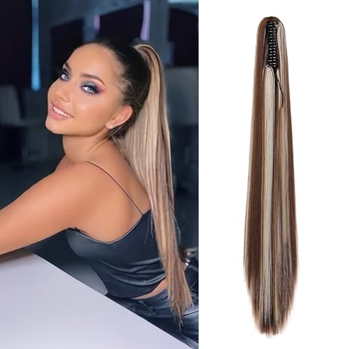 Cybelleza Ponytail Extensions Zopf Pferdeschwanz Haarteil Glatt Lang 55cm Claw Clip in Haarverlängerung Kunsthaare Synthetik Haarverlängerung Zopf Extension für Frauen, Chestnut Brown & Blond von Cybelleza