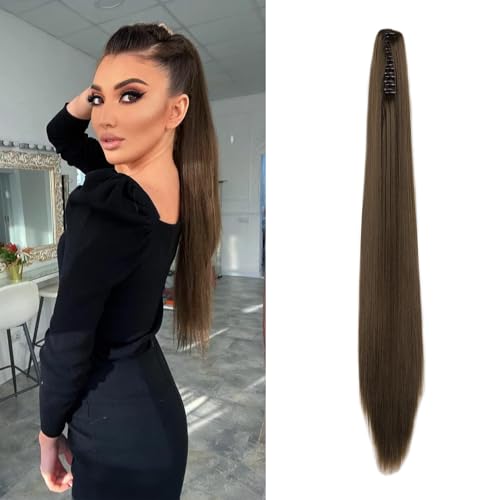 Cybelleza Ponytail Extensions Zopf Pferdeschwanz Haarteil Glatt Lang 55cm Claw Clip in Haarverlängerung Kunsthaare Synthetik Haarverlängerung Zopf Extension für Frauen, Chestnut Brown von Cybelleza