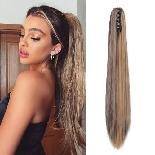 Cybelleza Ponytail Extensions Zopf Pferdeschwanz Haarteil Glatt Lang 55cm Claw Clip in Haarverlängerung Kunsthaare Synthetik Haarverlängerung Zopf Extension für Frauen, Dunkelblond & Mittel braun von Cybelleza