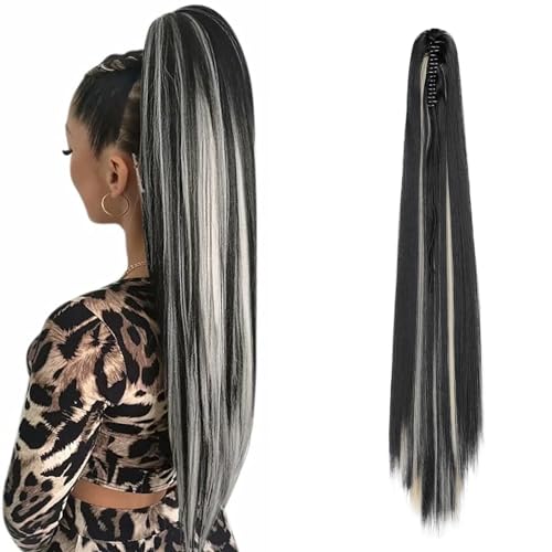 Cybelleza Ponytail Extensions Zopf Pferdeschwanz Haarteil Glatt Lang 55cm Claw Clip in Haarverlängerung Kunsthaare Synthetik Haarverlängerung Zopf Extension für Frauen, Schwarz & Bleichblond von Cybelleza