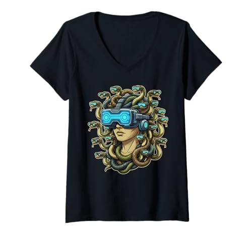 Damen Cyberpunk Medusa VR Headset Lustig Griechische Mythologie Gamer Art T-Shirt mit V-Ausschnitt Damen Cyberpunk Medusa VR Headset Lustig Griechische Mythologie Gamer Art T-Shirt mit V-Ausschnitt von Cyber Legends