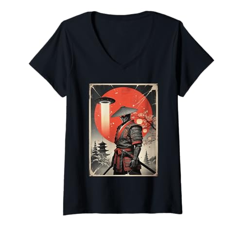 Damen Samurai Roboter Japan Retro Japanischer Krieger UFO Ukiyo Kunst T-Shirt mit V-Ausschnitt Damen Samurai Roboter Japan Retro Japanischer Krieger UFO Ukiyo Kunst T-Shirt mit V-Ausschnitt von Cyber Samurai UFO Abduction Japan Gifts