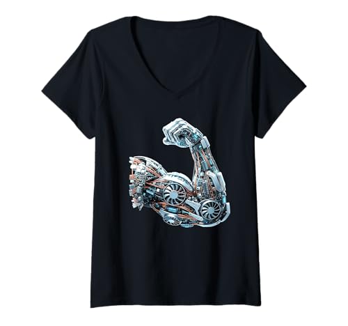 Damen Mechanischer Arm, futuristisches Cyborg-KI-Design T-Shirt mit V-Ausschnitt Damen Mechanischer Arm, futuristisches Cyborg-KI-Design T-Shirt mit V-Ausschnitt von Cyber Strength
