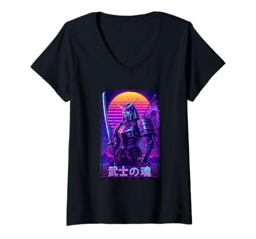 Damen Synthwave Samurai Mecha Retro Japanischer Roboter T-Shirt mit V-Ausschnitt Damen Synthwave Samurai Mecha Retro Japanischer Roboter T-Shirt mit V-Ausschnitt von CyberKat Apparel