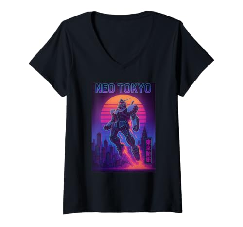 Damen Synthwave Samurai Mecha Retro Japanischer Roboter T-Shirt mit V-Ausschnitt Damen Synthwave Samurai Mecha Retro Japanischer Roboter T-Shirt mit V-Ausschnitt von CyberKat Apparel