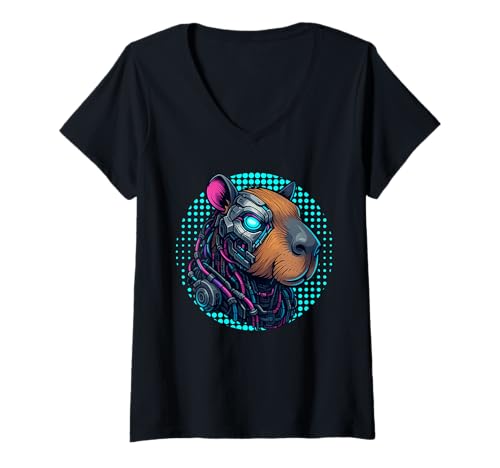Damen Cyborg Cyberpunk Capybara Cybernetic für Jungen Herren Kinder T-Shirt mit V-Ausschnitt Damen Cyborg Cyberpunk Capybara Cybernetic für Jungen Herren Kinder T-Shirt mit V-Ausschnitt von Cyberpunk Capybara Graphic