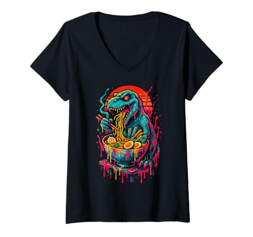 Damen Cyberpunk T-Rex Slurping Ramen Paint Drip Art T-Shirt mit V-Ausschnitt von Cyberpunk Japanese Fusion Art