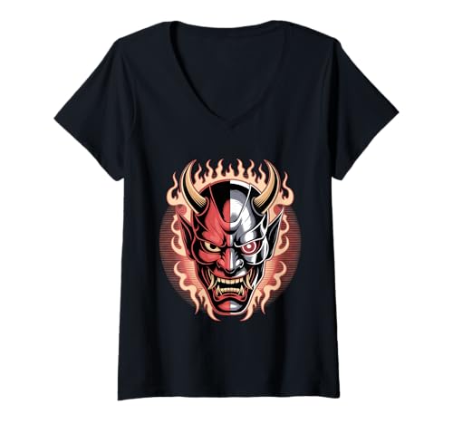 Damen Cyberpunk Oni Maske Halb Dämon Halbmaschinenbekleidung T-Shirt mit V-Ausschnitt von Cyberpunk Oni Mask Dämon Halbmaschine