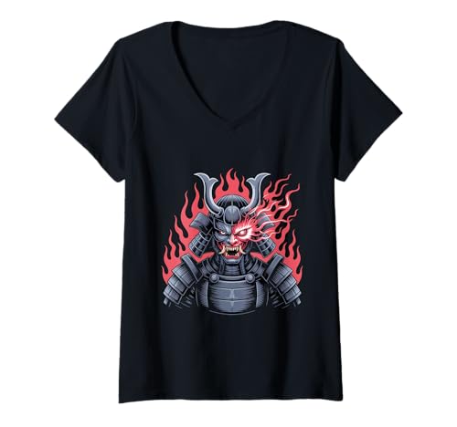 Damen Cyberpunk Samurai Dämon Feury Roboter Mask Warrior Schwarz T-Shirt mit V-Ausschnitt Damen Cyberpunk Samurai Dämon Feury Roboter Mask Warrior Schwarz T-Shirt mit V-Ausschnitt von Cyberpunk Samurai Dämon Roboter Mask Warrior