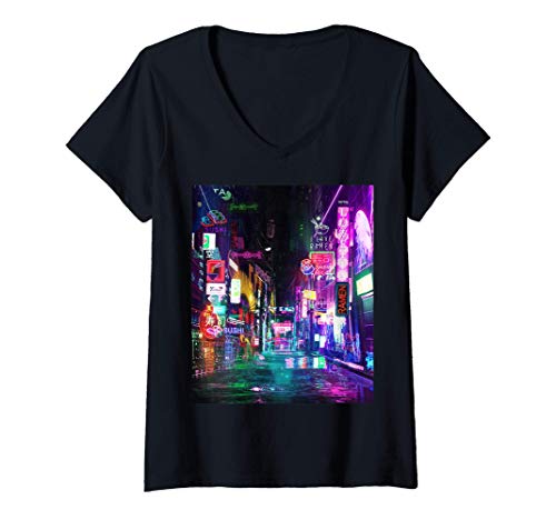 Damen Cyberpunk City Sci Fi Night Tokio Japan Urban Noir Dystopia T-Shirt mit V-Ausschnitt von Cyberpunk Tokyo Gifts Co.