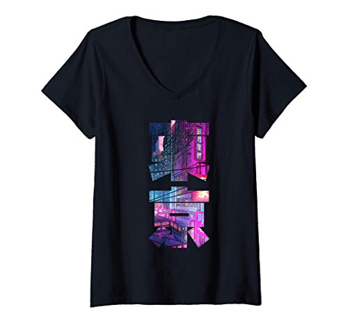 Damen Cyberpunk City Tokio Kanji Japanische Geschenke Cyber Japan T-Shirt mit V-Ausschnitt von Cyberpunk Tokyo Gifts Co.